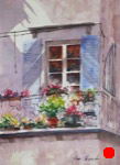 cityscape, landscape, cityscape, balcony, garden, flowers, door, railing, flowerpot, oberst, original watercolor painting